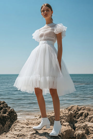 A Line White Tulle High Neck Short Sleeves Bridal Shower Dress